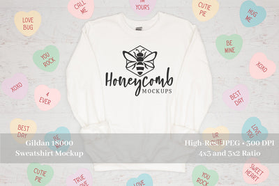 Valentines Day Mockup, White Gildan 18000 Sweatshirt Mockup, White Sweatshirt Mockup Mock Up Photo Honeycomb Mockups 