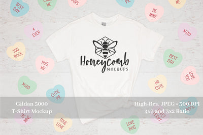 Valentines Day Mockup, White Gildan 5000 Mockup, White T-Shirt Mockup Mock Up Photo Honeycomb Mockups 