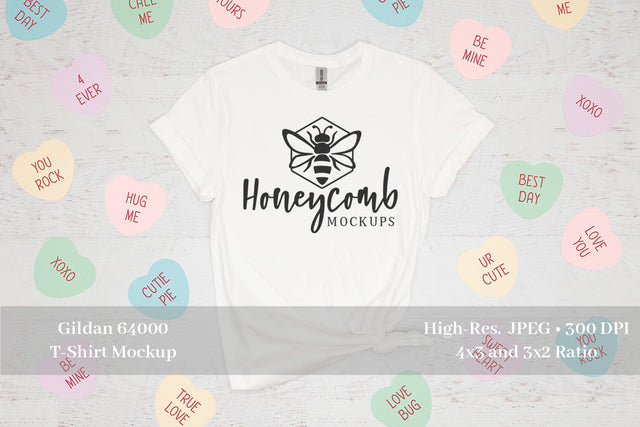 Valentines Day Mockup, White Gildan 64000 Softstyle T-Shirt Mockup, White T-Shirt Mockup Mock Up Photo Honeycomb Mockups 