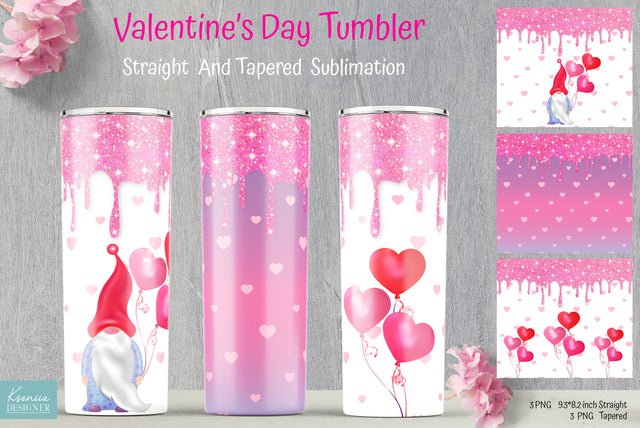 Valentine's Day Pink Glitter Tumbler Sublimation. Gnome Wrap SVG Kseniia designer 