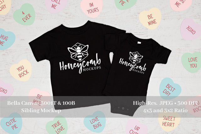 Valentines Day Sibling Mockup, Bella Canvas Black 100B and 3001T, Baby and Toddler Mockup Mock Up Photo Honeycomb Mockups 