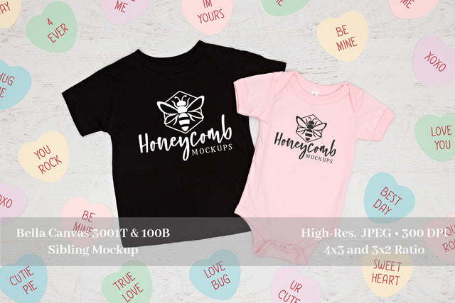 Valentines Day Sibling Mockup, Bella Canvas Black 3001T and Pink 100B, Baby and Toddler Mockup Mock Up Photo Honeycomb Mockups 