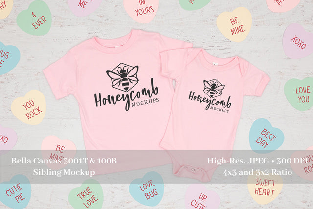 Valentines Day Sibling Mockup, Bella Canvas Pink 3001T and 100B, Baby and Toddler Mockup Mock Up Photo Honeycomb Mockups 
