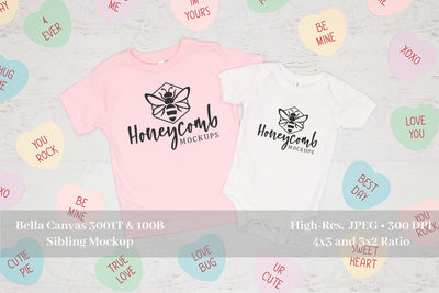 Valentines Day Sibling Mockup, Bella Canvas Pink 3001T and White 100B, Baby and Toddler Mockup Mock Up Photo Honeycomb Mockups 