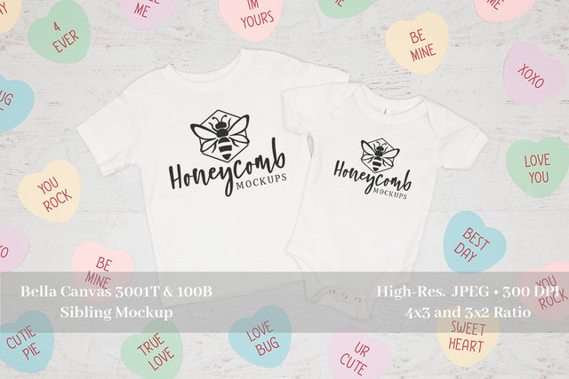 Valentines Day Sibling Mockup, White Bella Canvas 3001T and 100B, Baby and Toddler Mockup Mock Up Photo Honeycomb Mockups 