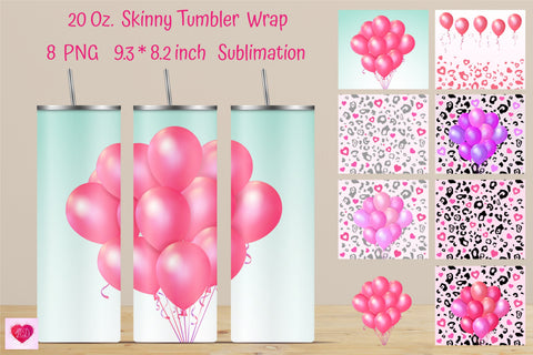 Valentine's Day Straight Skinny Tumbler Sublimation. Pink Balloons Sublimation With Leopard Print Sublimation Kseniia designer 