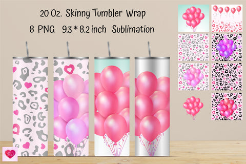 Valentine's Day Straight Skinny Tumbler Sublimation. Pink Balloons Sublimation With Leopard Print Sublimation Kseniia designer 