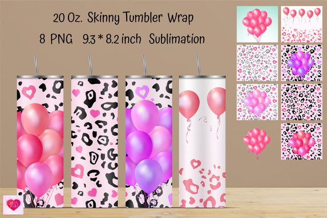 Valentine's Day Straight Skinny Tumbler Sublimation. Pink Balloons Sublimation With Leopard Print Sublimation Kseniia designer 
