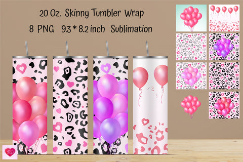 Valentine's Day Straight Skinny Tumbler Sublimation. Pink Balloons Sublimation With Leopard Print Sublimation Kseniia designer 
