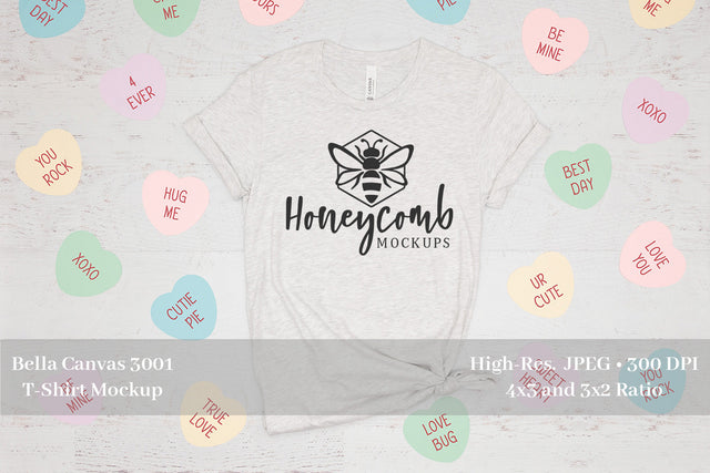 Valentines Day T-Shirt Mockup, Ash Bella Canvas 3001 Mockup, Conversation Hearts T-Shirt Mockup Mock Up Photo Honeycomb Mockups 