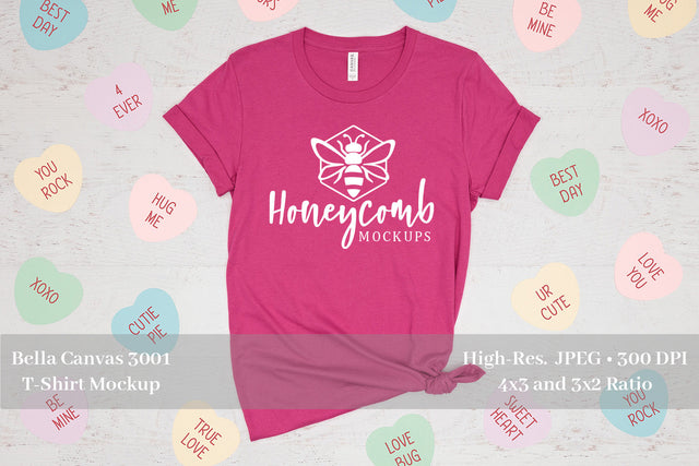 Valentines Day T-Shirt Mockup, Berry Bella Canvas 3001 Mockup, Conversation Hearts T-Shirt Mockup Mock Up Photo Honeycomb Mockups 