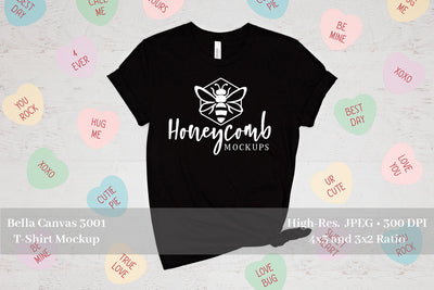Valentines Day T-Shirt Mockup, Black Bella Canvas 3001 Mockup, Conversation Hearts T-Shirt Mockup Mock Up Photo Honeycomb Mockups 