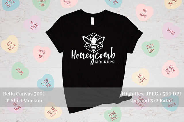 Valentines Day T-Shirt Mockup, Black Bella Canvas 3001 Mockup, Conversation Hearts T-Shirt Mockup Mock Up Photo Honeycomb Mockups 