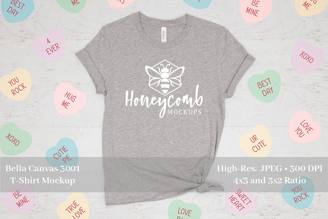 Valentines Day T-Shirt Mockup, Heather Athletic Bella Canvas 3001, Conversation Hearts Mockup Mock Up Photo Honeycomb Mockups 