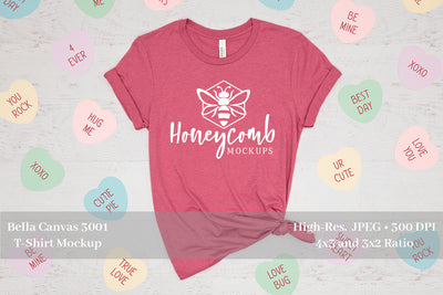 Valentines Day T-Shirt Mockup, Heather Raspberry Bella Canvas 3001, Conversation Hearts Mockup Mock Up Photo Honeycomb Mockups 