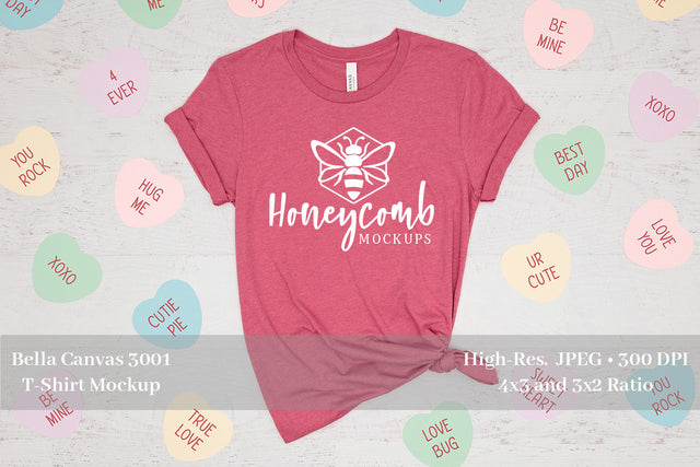 Valentines Day T-Shirt Mockup, Heather Raspberry Bella Canvas 3001, Conversation Hearts Mockup Mock Up Photo Honeycomb Mockups 