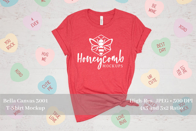 Valentines Day T-Shirt Mockup, Heather Red Bella Canvas 3001, Conversation Hearts Mockup Mock Up Photo Honeycomb Mockups 