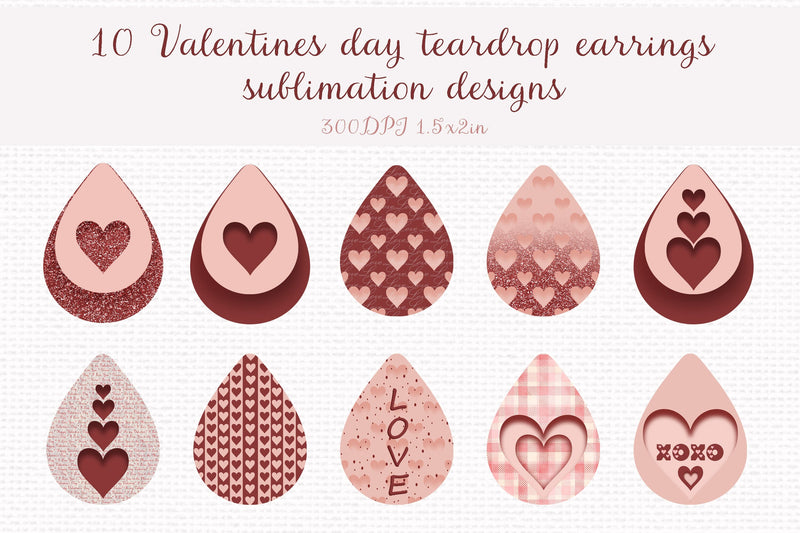 Valentine's day teardrop sublimation earrings design bundle Sublimation LuckyTurtleArt 