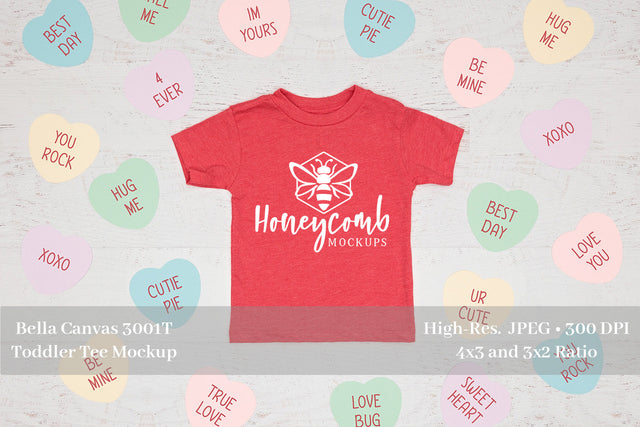 Valentines Day Toddler Mockup, Heather Red Bella Canvas 3001T, Toddler Shirt Mockup Mock Up Photo Honeycomb Mockups 
