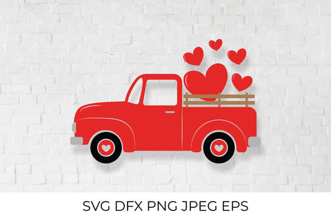 Valentines Day Truck. Vintage pickup delivers hearts. SVG LaBelezoka 