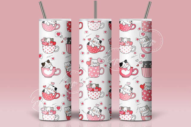 Valentine's day Tumbler, Cute Cat Tumbler Design, Heart Skinny Tumbler 20 oz Design Wrap, Love Tumbler, Seamless Sublimation Design PNG Sublimation Syre Digital Creations 
