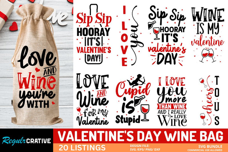 Valentine's Day Wine Bag SVG Bundle SVG Regulrcrative 