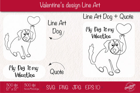 Valentines dog, Line Art SVG illustration, Line drawing SVG Createya Design 