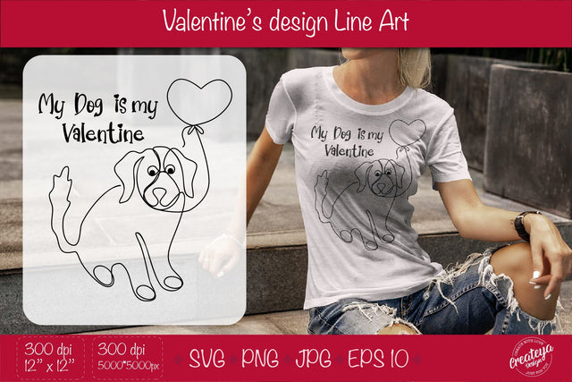 Valentines dog, Line Art SVG illustration, Line drawing SVG Createya Design 