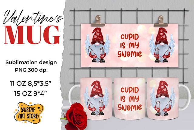 Valentines gnome sublimation mug design "Cupid is My Gnomie" Sublimation Yustaf Art Store 