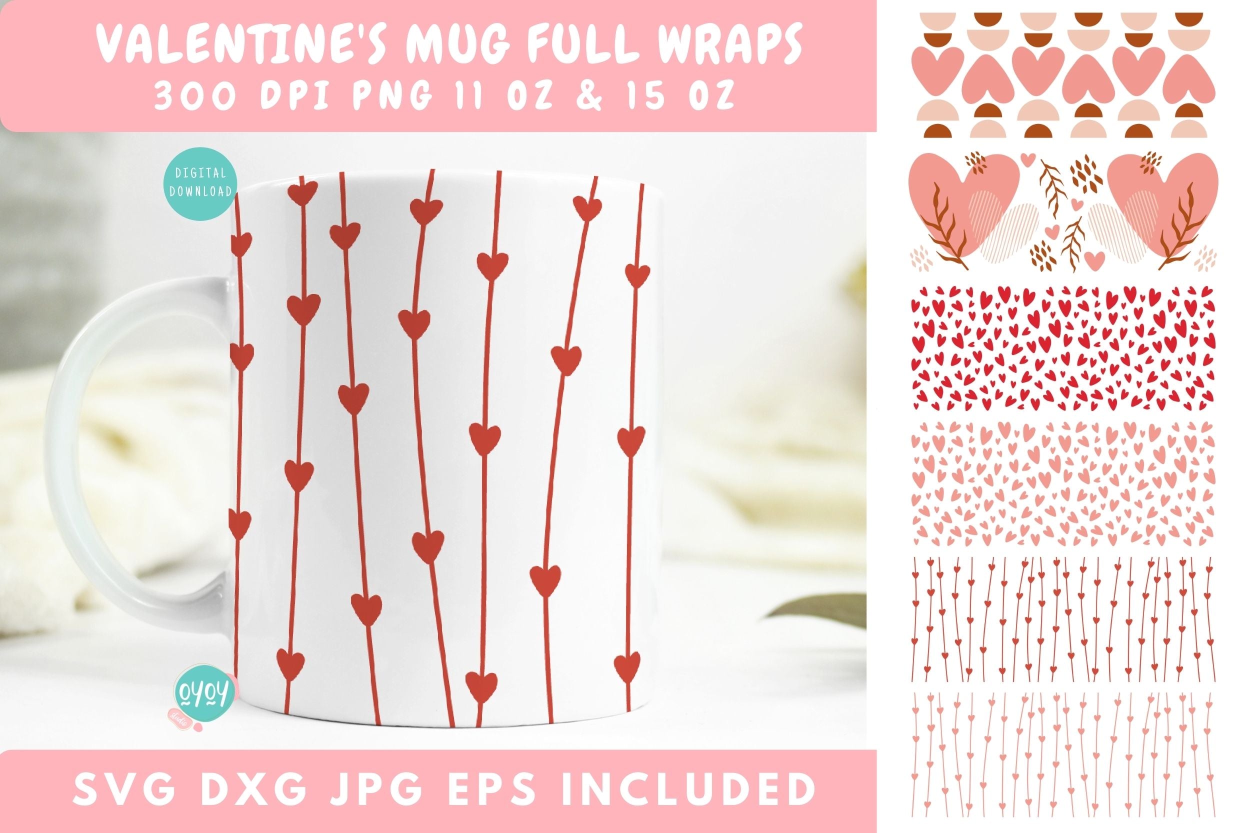 Valentine Hearts Bundle, 11 Oz Mug Sublimation Designs With