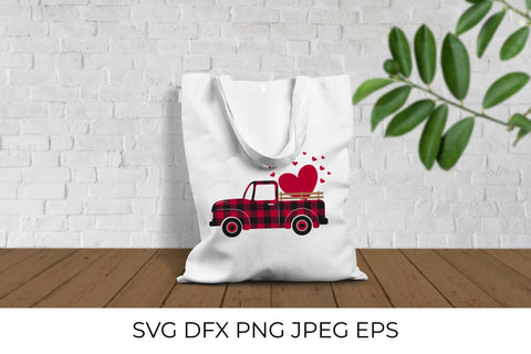 Valentines retro truck. Red buffalo plaid. Vintage pickup SVG LaBelezoka 