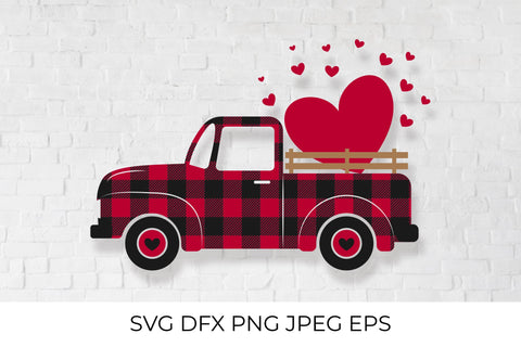 Valentines retro truck. Red buffalo plaid. Vintage pickup SVG LaBelezoka 