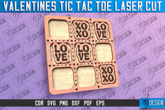 Valentines Tic Tac Toe Laser Cut | Love Cut and Engrave | Valentine Day SVG Fly Design 