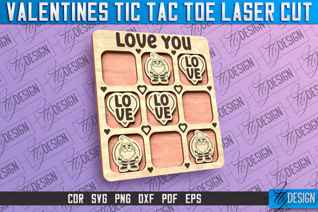 Valentines Tic Tac Toe Laser Cut | Love Cut and Engrave | Valentine Day SVG Fly Design 