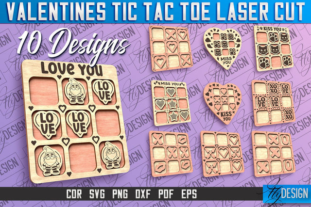 Valentines Tic Tac Toe Laser Cut | Love Cut and Engrave | Valentine Day SVG Fly Design 