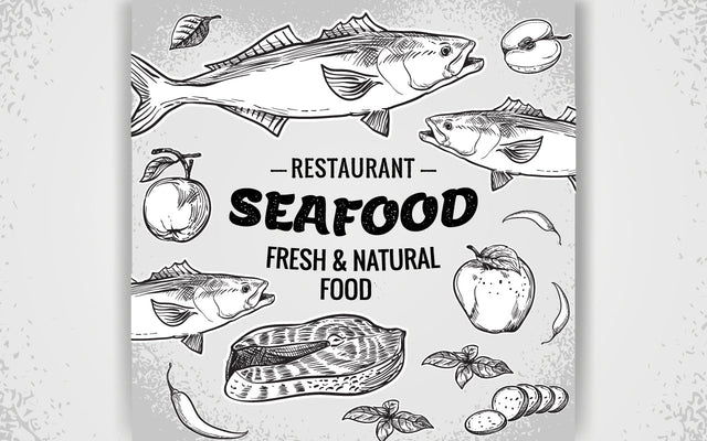 Vector hand drawn seafood restaurant illustration. Vintage style. Retro sketch background. Template SVG naemmiah021 