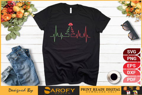 Vector heartrate with Christmas tree outline silhouette SVG design SVG Sarofydesign 