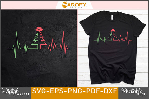 Vector heartrate with Christmas tree outline silhouette SVG design SVG Sarofydesign 