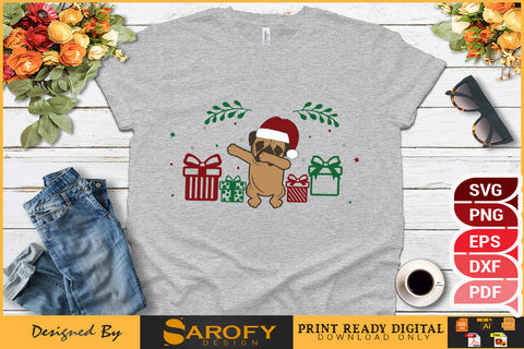 Vector pug dog with Christmas Santa hat silhouette SVG design cricut files SVG Sarofydesign 