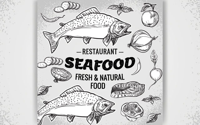 Vector set. Seafood Restaurant with fresh and natural food Seafood fish Illustration vintage style. Templates for designing sea shops, restaurants, and markets. SVG naemmiah021 