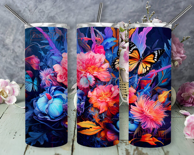 Vibrant Flowers With Butterfly 20oz Skinny Tumbler Png, Vibrant Flowers With Butterfly Tumbler, Vibrant Flowers Tumbler, Neon Butterflies Floral Tumbler Sublimation DesignSVG 