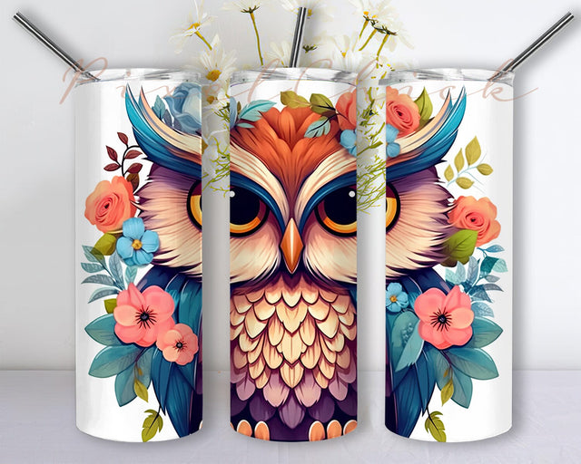 Vibrant Owl Colorful Flowers 20oz Skinny Tumbler Png, Colorful Flower Owl Tumbler, Owl Tumbler Wrap, 3D Colorful Owl Flowers Tumbler, Sublimation Tumbler Wrap Sublimation PixelChick 