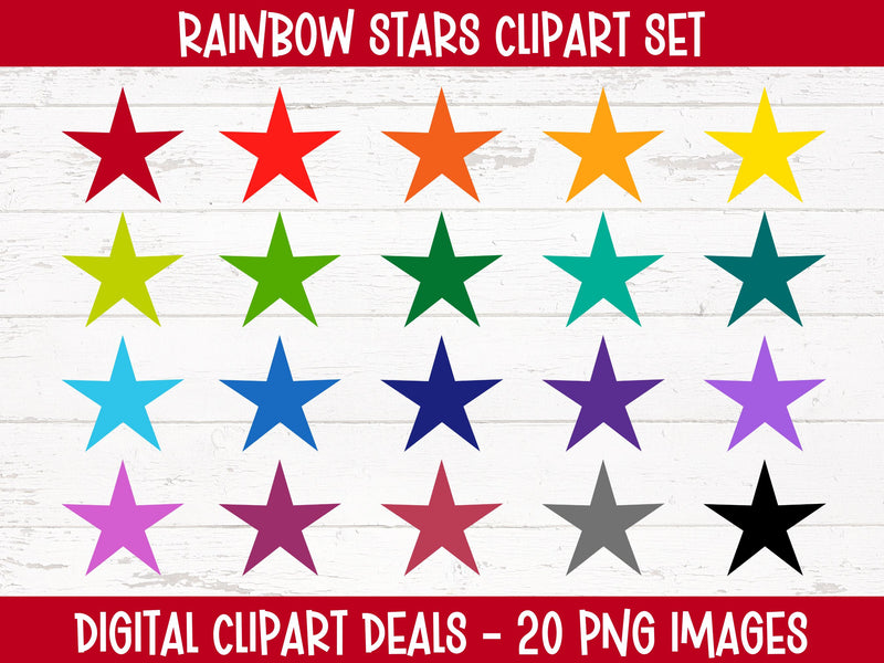 Vibrant Rainbow Stars Clipart Set - 20 Colorful and Whimsical Star Elements Sublimation Digital Clipart Deals 