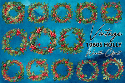 Vintage 1960s Holly Wreath Clipart Sublimation Jagonath Roy 