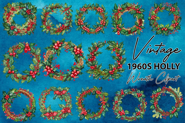 Vintage 1960s Holly Wreath Clipart Sublimation Jagonath Roy 