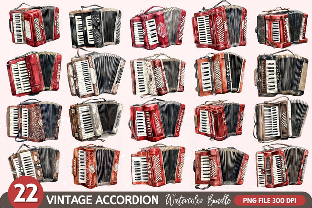 Vintage Accordion Watercolor Clipart Sublimation Regulrcrative 