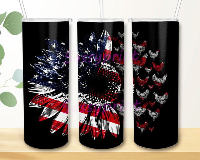 Vintage American Flag Sunflower Chicken Holiday Party Patriotic Memorial Day 4th of July 20 Oz Stainless Steel Skinny Tumbler Sublimation sassyprint 