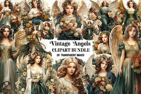Vintage Angels Christmas Clipart Bundle, 20 Transparent PNG' Sublimation BijouBay 