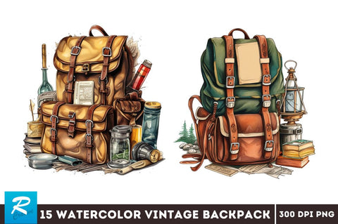 Watercolor Retro School Bag Clipart Bundle,backpack clipart