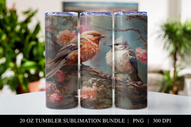 Vintage Birds 20 oz Skinny Tumbler Sublimation Full Wrap PNG Sublimation BijouBay 